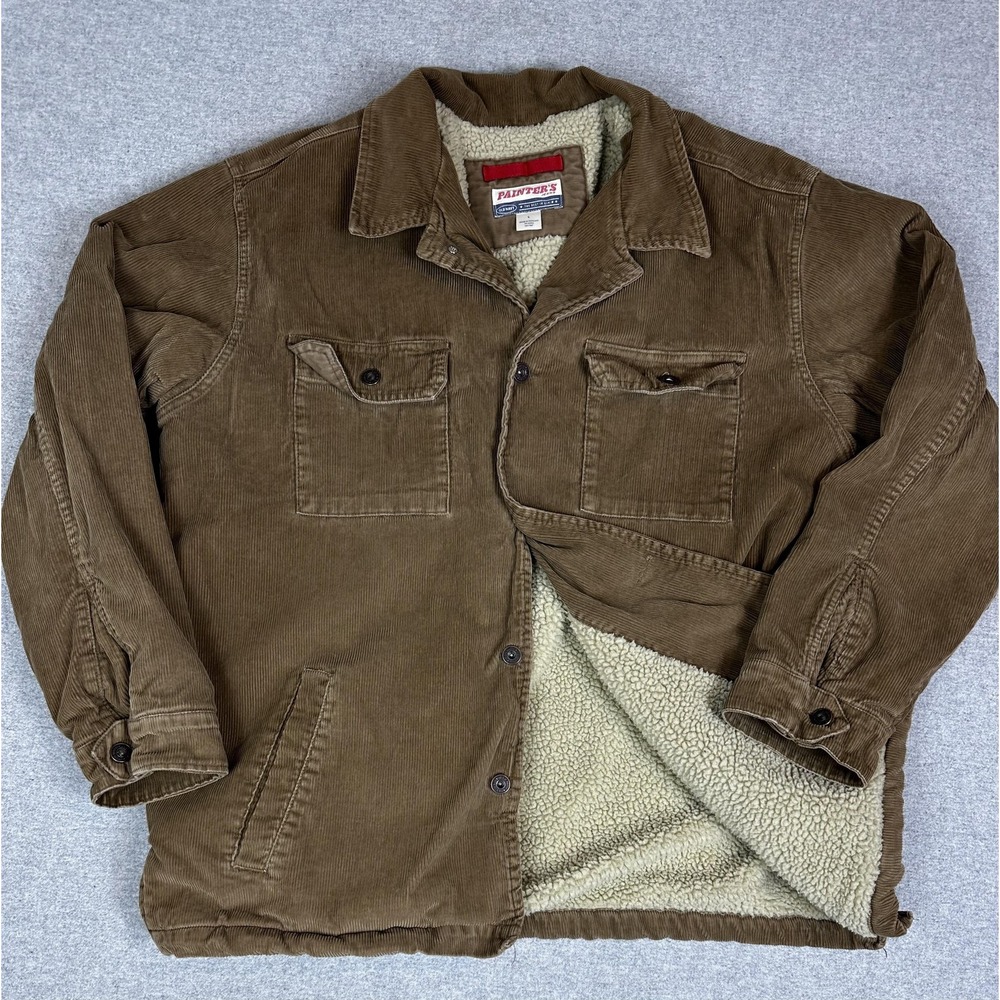 Mens Large Brown Corduroy Sherpa Lined Chore Coat Jacket Old Navy Painters Field